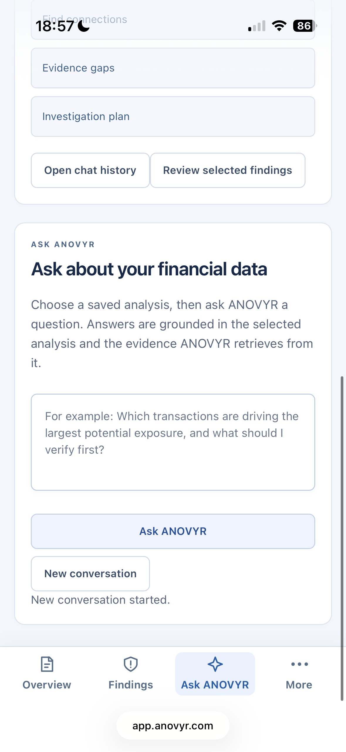 The actual Ask ANOVYR screen, with a question box, Ask ANOVYR button and new conversation control.